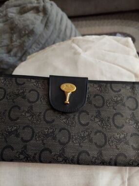 Celine Black & Brown Paris Canvas Wallet with Gold Hardware